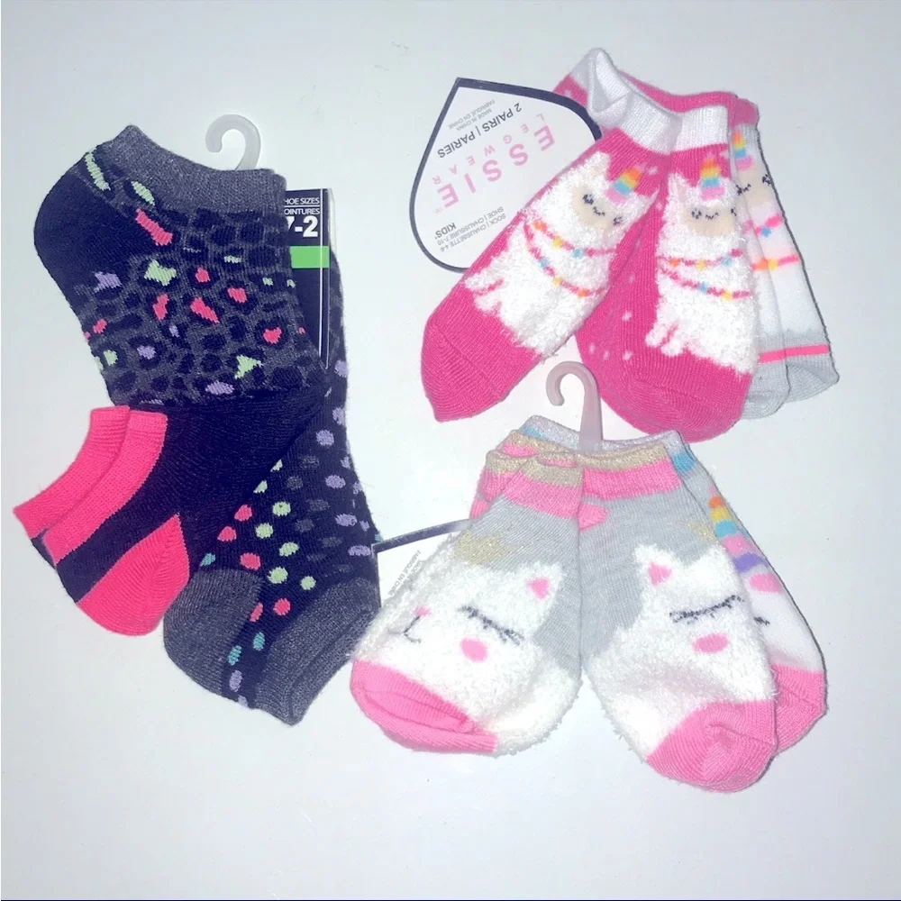 Girls socks, 9 pair, llamas kittens solids Kids Shoe size: 7 - 11